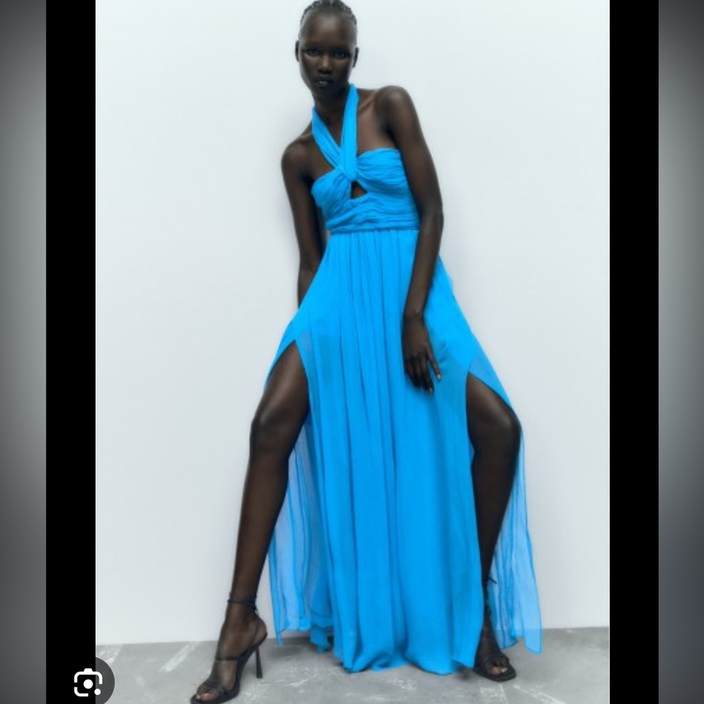 New Zara Blue MIDI Chiffon Dress in Size Medium